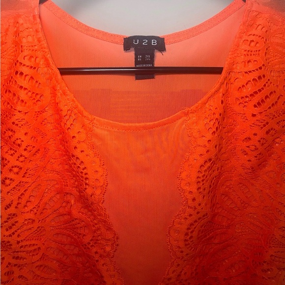 U2B 2X Neon Orange Lace Bodysuit Plus Size Sheer Detail Festival Bodycon - Picture 2 of 4
